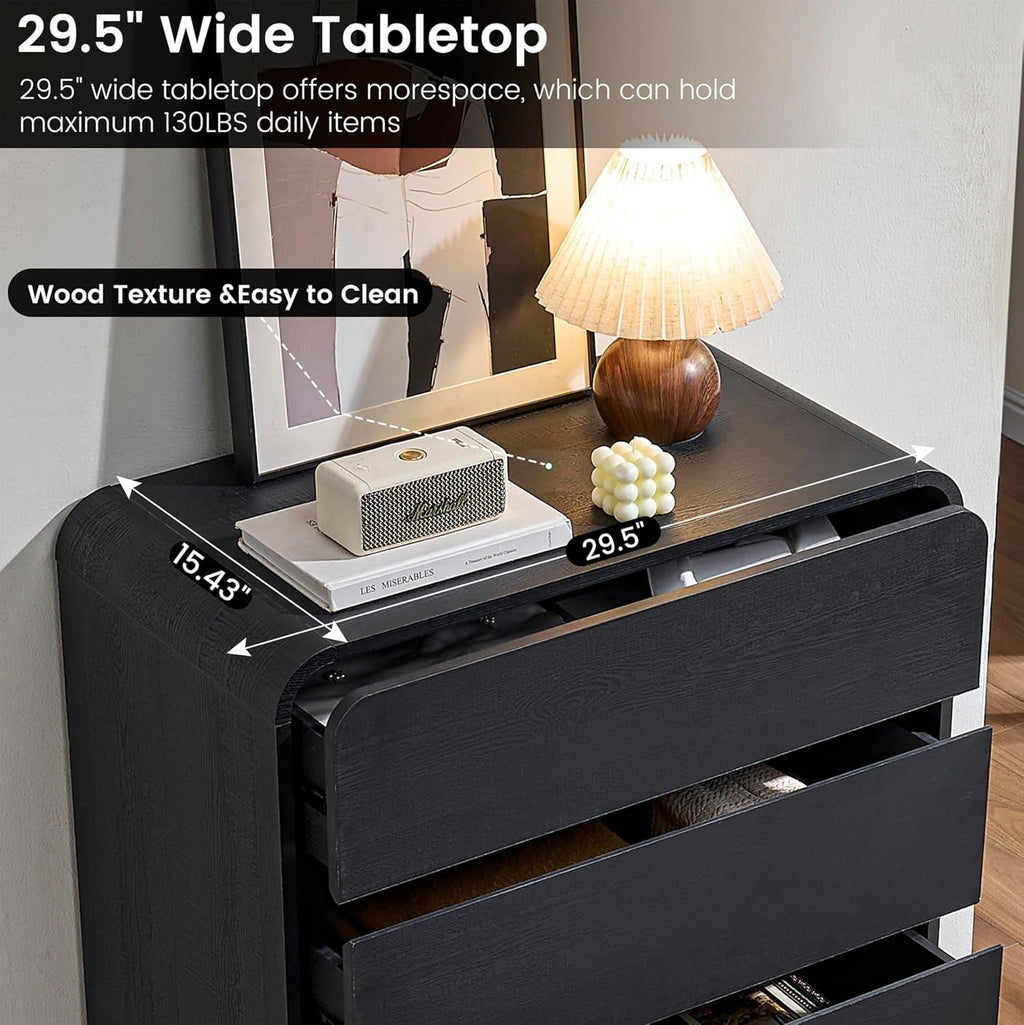 Black Hardwood Dresser With Curved Front Storage Panel