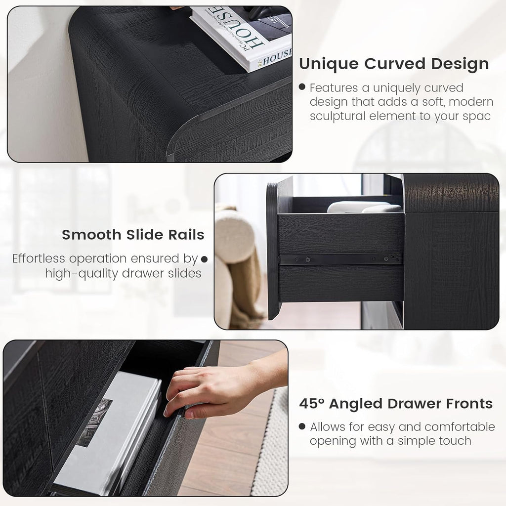 Black Hardwood Dresser With Curved Front Storage Panel