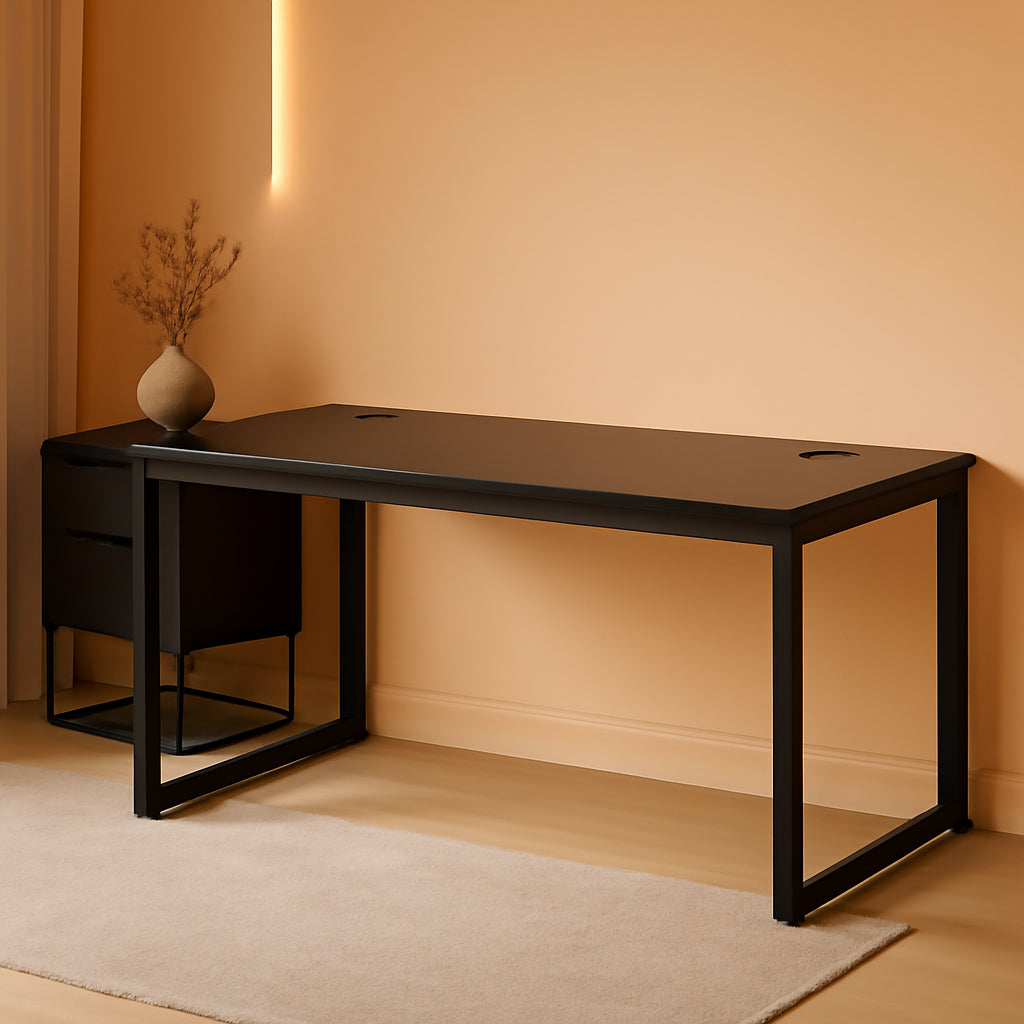Black Solo Desk 55 Inch Wide With Two Cable Grommets