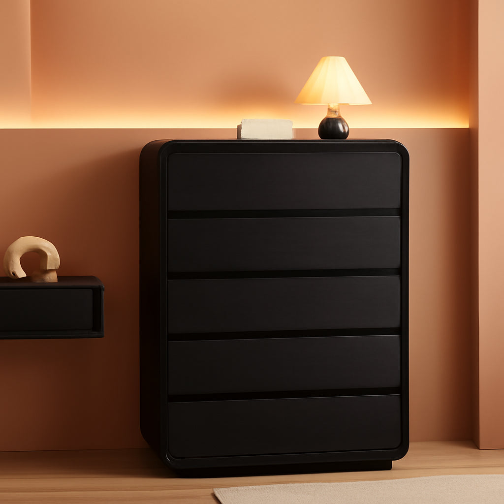 Black Hardwood Dresser With Curved Front Storage Panel