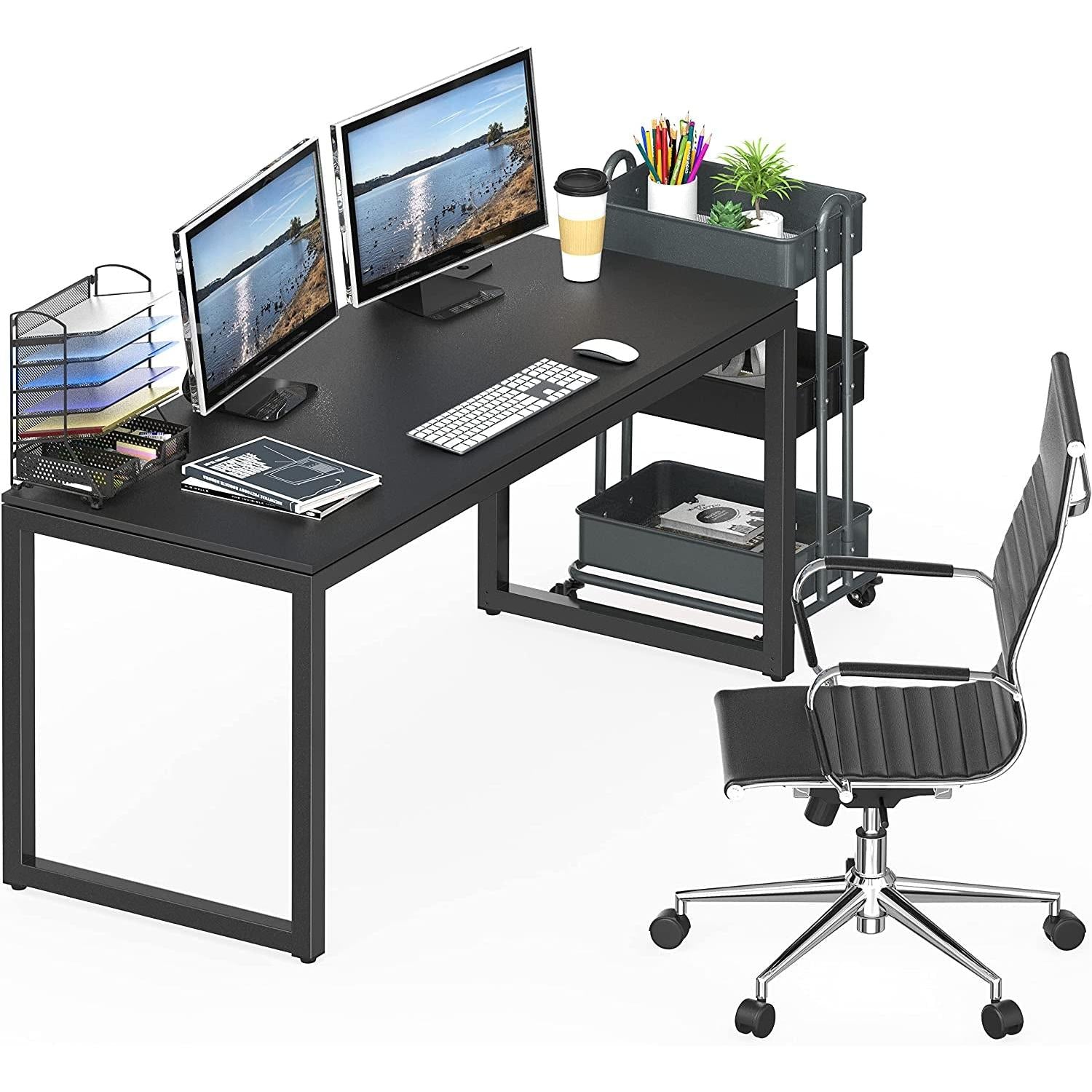 Black Solo Desk 55 Inch Wide With Two Cable Grommets