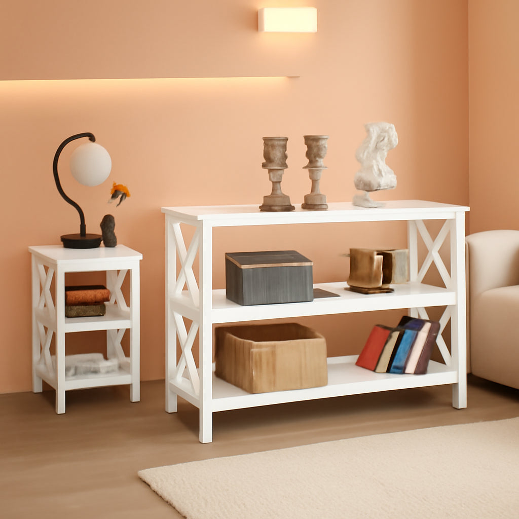 White Three Tier Console Table With Storage Shelves