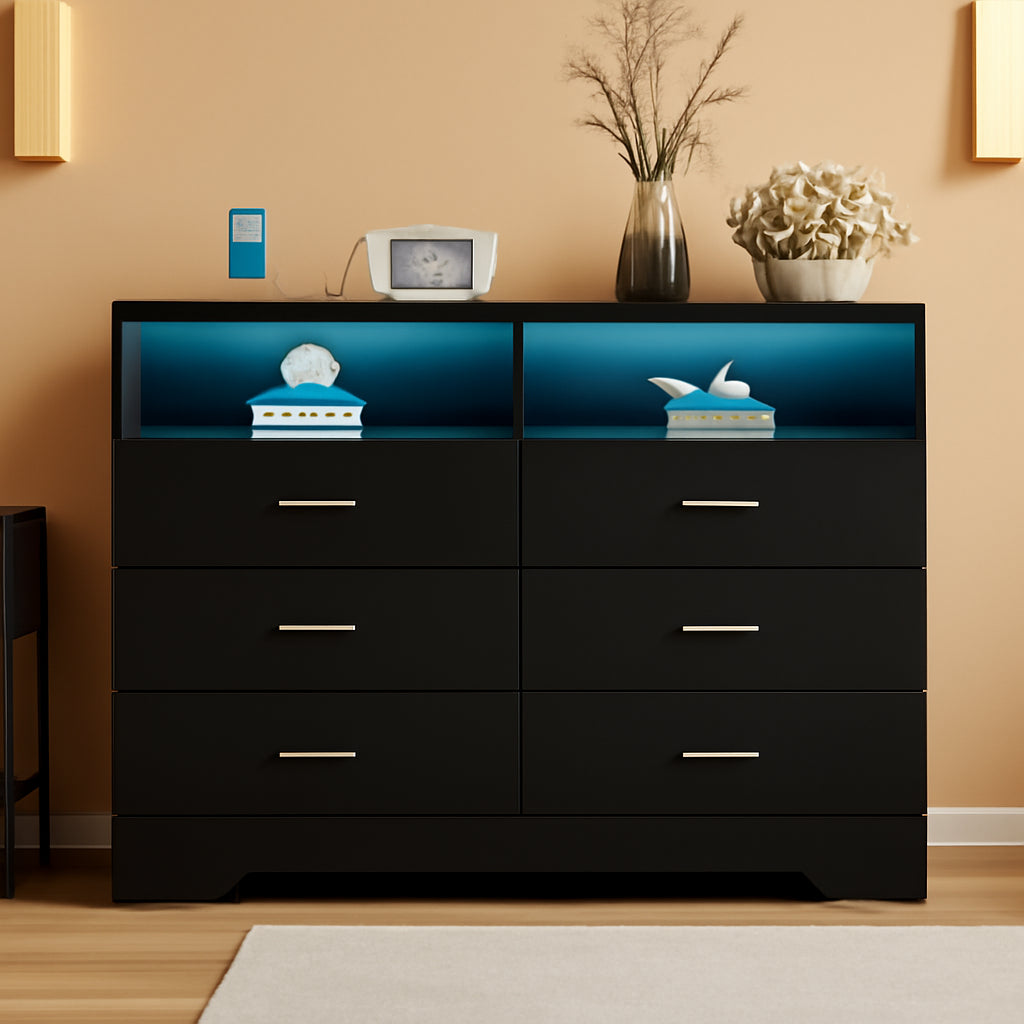 Black Dresser With Power Outlets And LED Lights 6 Drawers