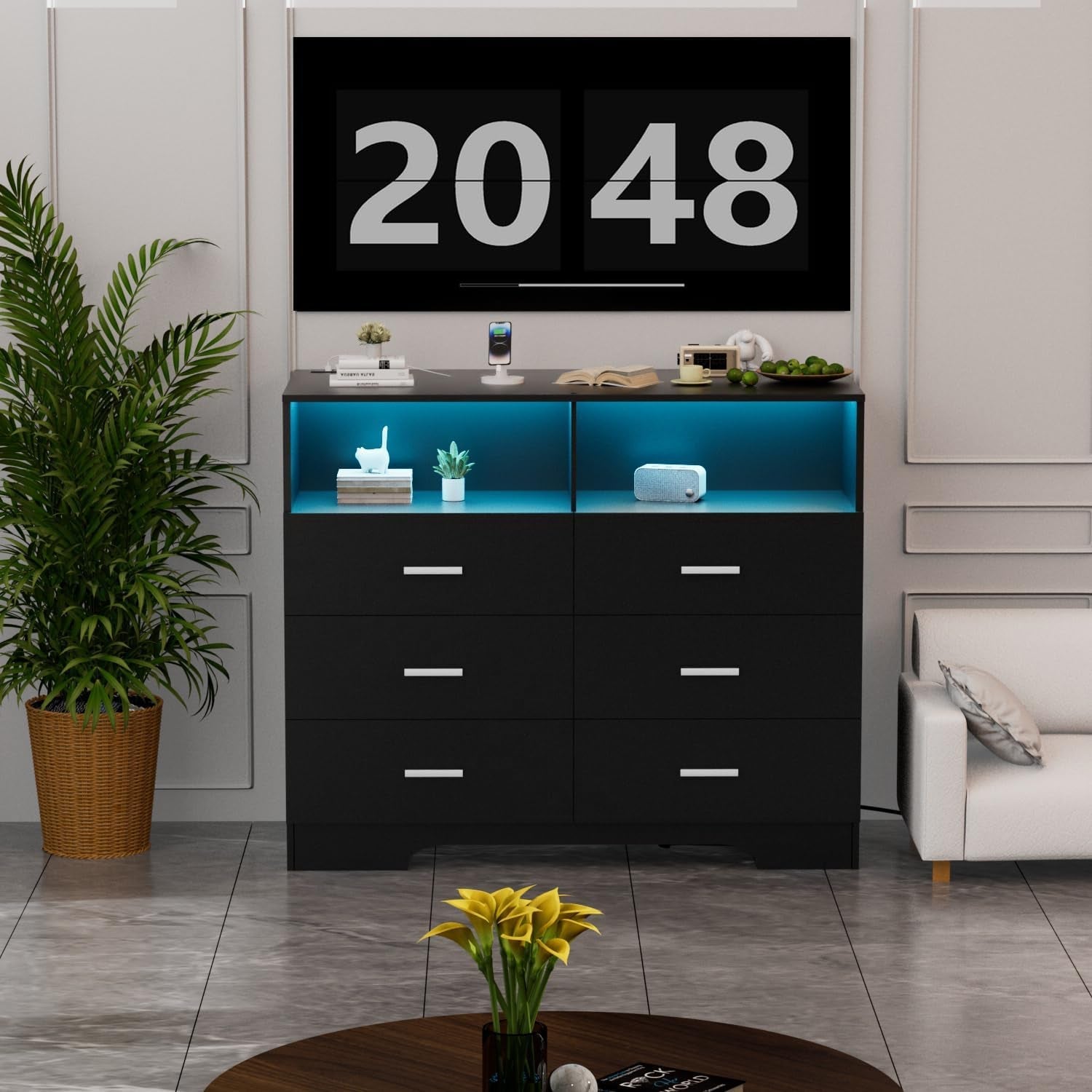 Black Dresser With Power Outlets And LED Lights 6 Drawers