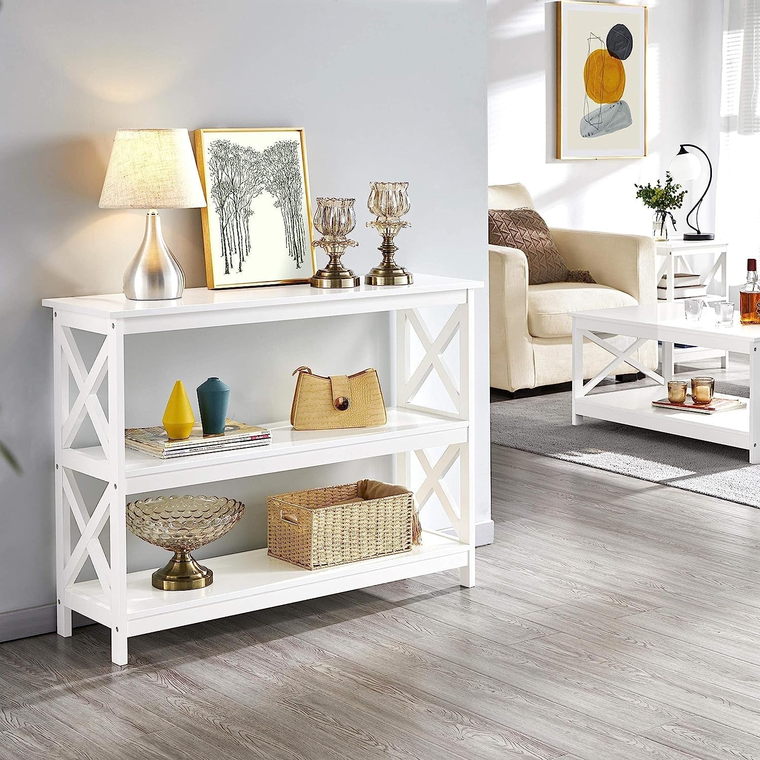 White Three Tier Console Table With Storage Shelves