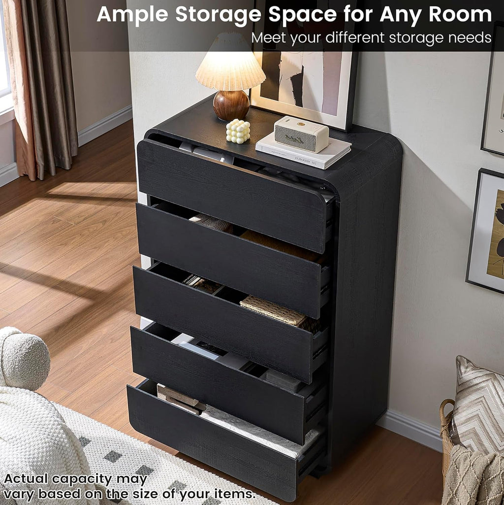 Black Hardwood Dresser With Curved Front Storage Panel