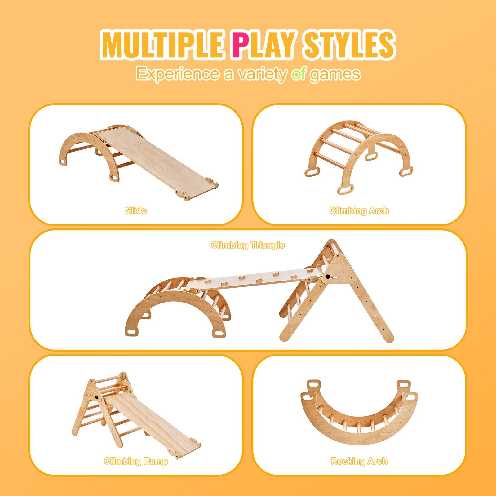 Pikler Triangle Set, 5 In 1 Toddler Climbing Toys Indoor Playground, Ramp, And Arch, Montessori Climbing Set With Triangle, Medium Size Wooden Climbing Gym For Toddlers 1-3 Years, Wood Color