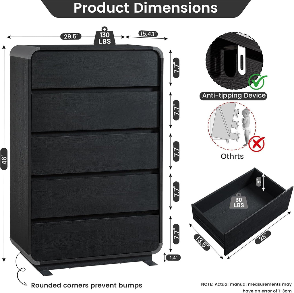 Black Hardwood Dresser With Curved Front Storage Panel